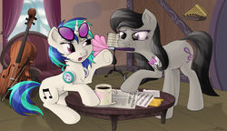 Size: 2235x1287 | Tagged: safe, artist:awalex, dj pon-3, octavia melody, vinyl scratch, pony, g4, annoyed, cello, chair, coffee, coffee mug, coffee table, duo, duster, dusting, female, mouth hold, mug, music stand, musical instrument, newspaper, panpipes, table