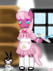 Size: 1936x2592 | Tagged: safe, artist:x157258, angel bunny, cheerilee, semi-anthro, g4, bipedal, clothes, female, maid, mare