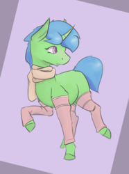 Size: 1141x1530 | Tagged: safe, artist:surcouff, oc, oc only, oc:quick fix, pony, unicorn, abstract background, clothes, leg warmers, looking back, male, open mouth, scarf, solo