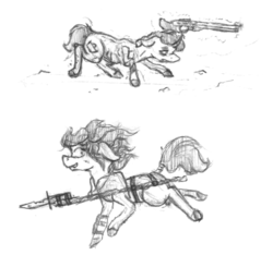 Size: 1074x1006 | Tagged: safe, artist:surcouff, fallout equestria, action pose, grayscale, gun, improvised weapon, monochrome, raider, shotgun, sketch, spear, traditional art, wasteland, weapon