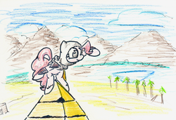 Size: 1280x877 | Tagged: safe, artist:shoeunit, pinkie pie, earth pony, pony, g4, assassin's creed, clothes, female, hood, mare, mountain, pyramid, solo, traditional art