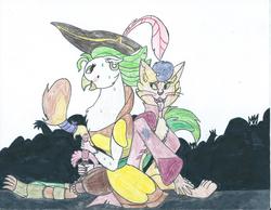 Size: 2195x1700 | Tagged: safe, artist:triforce-treasure, capper dapperpaws, captain celaeno, abyssinian, bird, cat, parrot, anthro, g4, my little pony: the movie, caplaeno, shipping, traditional art