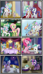 Size: 1024x1741 | Tagged: safe, artist:bonsia-lucky, applejack, fluttershy, pinkie pie, princess celestia, rainbow dash, rarity, spike, starlight glimmer, twilight sparkle, alicorn, butterfly, dragon, earth pony, pegasus, pony, unicorn, g4, age regression, baby, baby pony, book, braces, cewestia, comic, cushion, cute, cutelestia, dinner table, eyes closed, female, filly, fireworks, flying, food, giggling, glowing horn, grin, horn, laughing, mane eight, no dialogue, open mouth, pancakes, ponytail, prone, raised hoof, reading, sitting, smiling, talking, teenager, twilight sparkle (alicorn), walking, younger