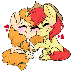 Size: 2779x2749 | Tagged: safe, artist:twisted-sketch, bright mac, pear butter, earth pony, pony, g4, the perfect pear, applejack's parents, blushing, chibi, cowboy hat, cute, eyes closed, female, hat, heart, high res, male, mare, ship:brightbutter, shipping, simple background, smiling, stallion, stetson, straight, watermark, white background