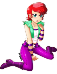 Size: 3333x4300 | Tagged: safe, artist:danmakuman, oc, oc only, oc:golden sheen, human, equestria girls, g4, bracelet, clothes, clothes swap, commission, crossdressing, high res, human coloration, implied aria blaze, jewelry, looking at you, male, midriff, open mouth, pants, simple background, solo, transparent background, wristband