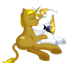 Size: 3635x3165 | Tagged: safe, artist:nighty96, prince blueblood, oc, oc:golden gallop-ink, g4, couple, gay, high res, kissing, lying down, male, nobility, on side, prone