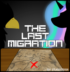 Size: 1024x1048 | Tagged: safe, artist:zutcha, princess celestia, griffon, pony, fanfic:the last migration, g4, cover, cover art, ethereal mane, fanfic, fanfic art, fanfic cover, map, silhouette