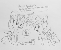 Size: 1777x1440 | Tagged: safe, artist:tjpones, rainbow dash, twilight sparkle, alicorn, pegasus, pony, g4, adorkable, chest fluff, cute, dork, duo, ear fluff, fast food, female, food, glowing horn, grayscale, horn, kinderquestria, lineart, lunchable, magic, mare, monochrome, pizza, raised hoof, sitting, telekinesis, that pony sure does love pizza, traditional art, twilight sparkle (alicorn)