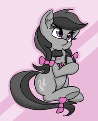 Size: 820x1011 | Tagged: safe, artist:plunger, octavia melody, symphonia melody, earth pony, pony, my little pony: the movie, :o, abstract background, bow, cute, featured image, female, hair bow, hug, looking up, mare, open mouth, pigtails, pink background, plushie, sitting, solo, symphonibetes, tail bow, underhoof