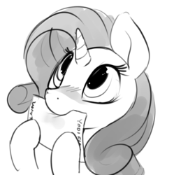 Size: 868x873 | Tagged: safe, artist:dimfann, rarity, pony, unicorn, g4, biting, blushing, bust, cute, female, grayscale, hoof hold, looking up, mare, monochrome, mouth hold, nom, simple background, solo, white background