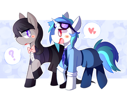 Size: 1280x967 | Tagged: safe, artist:lupeylycan, dj pon-3, octavia melody, vinyl scratch, pony, g4, blush sticker, blushing, bowtie, clothes, female, heart, lesbian, looking at each other, mare, necktie, pictogram, question mark, ship:scratchtavia, shipping, tribute, tuxedo