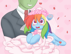 Size: 2362x1802 | Tagged: safe, artist:adequality, artist:ende26, rainbow dash, oc, oc:anon, human, pegasus, pony, g4, blushing, bridal carry, bride, carrying, clothes, cute, dashabetes, dress, duo, holding a pony, marriage, rainbow dash always dresses in style, rose petals, wedding, wedding dress