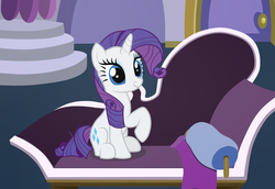 Size: 1024x703 | Tagged: safe, artist:tabrony23, rarity, pony, unicorn, g4, couch, cute, fainting couch, female, mare, raised hoof, raribetes, show accurate, sitting, smiling, solo