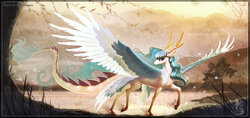 Size: 1024x483 | Tagged: safe, artist:begasus, oc, oc only, oc:miemie, original species, commission, female, scenery, solo, spread wings, wings