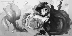 Size: 1600x800 | Tagged: safe, artist:wilvarin-liadon, oc, oc only, original species, sea pony, commission, female, grayscale, looking at you, monochrome, solo