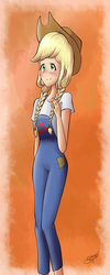 Size: 600x1500 | Tagged: safe, artist:rmariansj, applejack, equestria girls, g4, blushing, cowboy hat, female, freckles, hat, overalls, smiling, solo, stetson, wrong aspect ratio