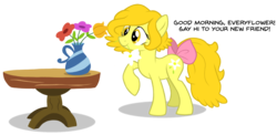 Size: 1335x653 | Tagged: safe, artist:dosey--doe, oc, oc only, oc:butterscotch (robiinart), bow, flower, flower in mouth, mouth hold, raised hoof, simple background, speech, table, tail bow, transparent background, vase