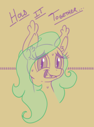 Size: 500x675 | Tagged: safe, artist:tehflah, oc, oc only, oc:wicked ways, bat pony, pony, bust, dialogue, ear fluff, ear tufts, eeee, eye clipping through hair, eyeshadow, fangs, female, grin, lidded eyes, looking at you, makeup, mare, nervous, simple background, sketch, smiling, solo, squee, sweat, text, yellow background