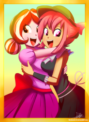 Size: 1220x1660 | Tagged: safe, artist:the-butch-x, oc, oc only, oc:cherry blossom, oc:peach blossom, equestria girls, g4, :d, clothes, commission, duo, equestria girls-ified, female, hug, lesbian, open mouth, open smile, smiling