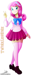 Size: 820x1960 | Tagged: safe, artist:the-butch-x, twinkleshine, equestria girls, g4, bow, breasts, clothes, commission, equestria girls-ified, female, miniskirt, peace sign, school uniform, shoes, simple background, skirt, socks, solo, thigh highs, thigh socks, transparent background