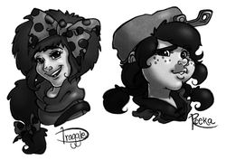 Size: 1279x903 | Tagged: safe, artist:munito, draggle, reeka, human, g1, bust, duo, female, grayscale, looking at you, monochrome, witch