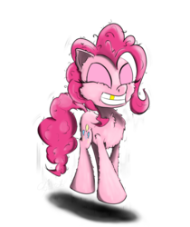 Size: 1000x1191 | Tagged: safe, artist:chopsticks, pinkie pie, earth pony, pony, g4, butt fluff, cheek fluff, chest fluff, cutie mark, eyes closed, female, gold tooth, grin, happy, jumping, mare, simple background, smiling