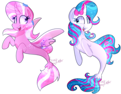 Size: 1024x798 | Tagged: safe, artist:lynchristina, oc, oc only, oc:ashley h, oc:pinkie rose, alicorn, seapony (g4), unicorn, bubble, clothes, commission, curved horn, digital art, dorsal fin, duo, female, fin, fin wings, fins, fish tail, flowing mane, flowing tail, happy, horn, looking at each other, looking at someone, mare, ocean, open mouth, open smile, ribbon, scales, seaponified, see-through, signature, simple background, smiling, smiling at each other, species swap, spread wings, swimming, tail, transparent background, water, wings
