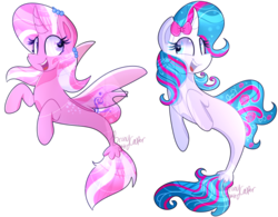 Size: 1024x798 | Tagged: safe, artist:lynchristina, oc, oc only, oc:ashley h, oc:pinkie rose, alicorn, seapony (g4), unicorn, bubble, clothes, commission, curved horn, digital art, dorsal fin, duo, female, fin, fin wings, fins, fish tail, flowing mane, flowing tail, happy, horn, looking at each other, looking at someone, mare, ocean, open mouth, open smile, ribbon, scales, seaponified, see-through, signature, simple background, smiling, smiling at each other, species swap, spread wings, swimming, tail, transparent background, underwater, water, wings