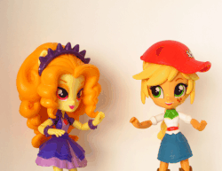 Size: 658x508 | Tagged: safe, artist:whatthehell!?, adagio dazzle, applejack, equestria girls, g4, animated, baseball cap, boots, bracelet, cap, clothes, cute, dancing, denim skirt, doll, equestria girls minis, hat, irl, jewelry, photo, shoes, skirt, stop motion, toy