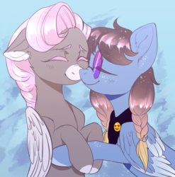 Size: 2820x2856 | Tagged: safe, artist:helemaranth, oc, oc only, pegasus, pony, rcf community, abstract background, couple, eyes closed, female, glasses, high res, hug, lesbian, mare