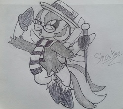 Size: 3113x2756 | Tagged: safe, artist:showtimeandcoal, oc, oc only, oc:peppermint, pegasus, pony, a year without a santa claus, cane, clothes, commission, dress up, female, filly, glasses, hat, high res, ink, mare, monochrome, outfit, pen, pencil, scarf, sketch, snow miser, solo, traditional art