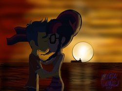 Size: 1024x765 | Tagged: safe, artist:mordoharris, flash sentry, sci-twi, twilight sparkle, human, equestria girls, g4, beach, clothes, female, glasses, kissing, male, ship:flashlight, ship:sci-flash, shipping, straight