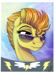 Size: 3000x4000 | Tagged: safe, artist:lupiarts, spitfire, pegasus, pony, g4, autograph, bust, female, high res, mare, portrait, poster, signature, solo, sunglasses, wonderbolts logo