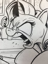 Size: 1536x2048 | Tagged: safe, artist:andy price, idw, rarity, pony, unicorn, g4, spoiler:comic, angry, comic, female, mare, monochrome, nose wrinkle, open mouth, shrunken pupils, sketch, solo, traditional art, wip