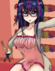 Size: 2550x3300 | Tagged: safe, artist:manhunterj, spike, twilight sparkle, human, g4, breasts, clothes, female, fire, glasses, golden oaks library, green fire, high res, humanized, looking at you, open mouth, scroll, solo
