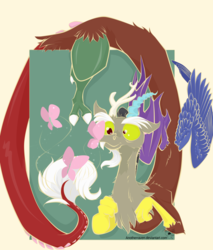 Size: 800x940 | Tagged: safe, artist:anotherraven, discord, fluttershy, butterfly, discordant harmony, g4, cute, cutie mark, discute, male, shy