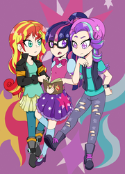 Size: 2988x4160 | Tagged: safe, artist:hika, sci-twi, starlight glimmer, sunset shimmer, twilight sparkle, human, equestria girls, g4, beanie, book, boots, clothes, female, glasses, hat, high heel boots, human coloration, light skin, shoes, skirt, starry eyes, trio, wingding eyes