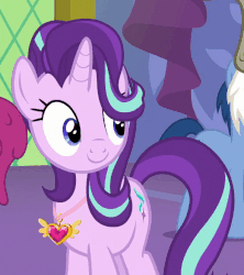 Size: 589x664 | Tagged: safe, screencap, blues, noteworthy, starlight glimmer, earth pony, pony, unicorn, celestial advice, g4, season 7, animated, cute, equestrian pink heart of courage, female, glimmerbetes, looking up, male, mare, medal, offscreen character, smiling, solo focus, stallion