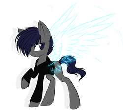 Size: 3500x3200 | Tagged: safe, artist:snowbunny0820, oc, oc only, oc:freedom child, earth pony, pony, artificial wings, augmented, clothes, hair over one eye, high res, magic, magic wings, male, shirt, solo, stallion, wings