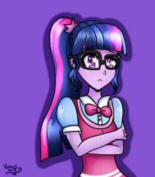 Size: 520x594 | Tagged: safe, artist:yumomochan, sci-twi, twilight sparkle, equestria girls, g4, bowtie, clothes, crossed arms, female, glasses, ponytail, purple background, signature, simple background, solo, vest