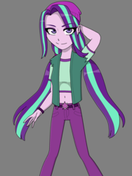 Size: 1440x1920 | Tagged: safe, artist:fantasygerard2000, aria blaze, starlight glimmer, equestria girls, g4, beanie, belly button, clothes, female, fusion, fusion:aurora starfire, gray background, hat, midriff, pants, simple background, smiling, solo, vest