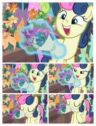 Size: 3106x4096 | Tagged: safe, edit, edited screencap, screencap, bon bon, sweetie drops, earth pony, pony, g4, it isn't the mane thing about you, adorabon, amused, background pony, bon bon is amused, bouquet, cute, female, happy, mare, mouth hold, nom, sequence, solo