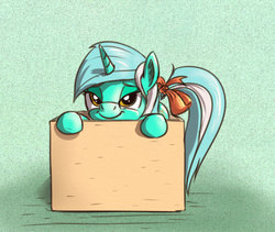 Size: 1350x1137 | Tagged: safe, artist:el-yeguero, lyra heartstrings, pony, unicorn, g4, bedroom eyes, bow, box, female, looking at you, mare, pony in a box, simple background, smiling, solo, tail bow