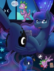 Size: 1000x1333 | Tagged: safe, artist:vavacung, princess luna, spike, alicorn, dragon, pony, comic:my life as a short dragon, gamer luna, g4, blood, butt, dead, dock, ethereal mane, female, galaxy mane, game boy, i need healing, male, moonbutt, nosebleed, open mouth, pictogram, playdate, plot, praise the moon, prone, ship:spiluna, shipping, straight, sweat, sweatdrop, thought bubble, wavy mouth, x eyes