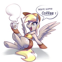Size: 2500x2500 | Tagged: safe, artist:fanch1, derpy hooves, pegasus, pony, g4, barista, butt, cap, clothes, coffee, coffee mug, droste effect, female, gloves, happy, hat, high res, mare, mug, open mouth, plot, recursion, shorts, sitting, solo, speech bubble, underhoof, wings