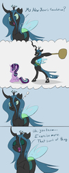 Size: 1500x3700 | Tagged: safe, artist:foughtdragon01, queen chrysalis, starlight glimmer, changeling, changeling queen, pony, unicorn, g4, comic, dialogue, eyes closed, female, hammer, mare, new year's resolution, thought bubble