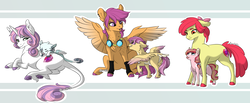 Size: 2132x881 | Tagged: safe, artist:rhinestonearts, apple bloom, scootaloo, sweetie belle, oc, oc:bellatrix, oc:double dare, oc:pink lady, classical hippogriff, classical unicorn, earth pony, hippogriff, hybrid, pegasus, pony, unicorn, g4, colored hooves, colt, cutie mark crusaders, ear piercing, earring, female, filly, goggles, horn, interspecies offspring, jewelry, leonine tail, lip piercing, magical lesbian spawn, male, mlem, offspring, older, parent:apple bloom, parent:featherweight, parent:gabby, parent:pipsqueak, parent:scootaloo, parent:sweetie belle, parents:gabbelle, parents:pipbloom, parents:scootaweight, piercing, silly, tail feathers, tongue out, underhoof, unshorn fetlocks