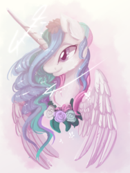 Size: 2100x2800 | Tagged: safe, artist:nutty-stardragon, princess celestia, alicorn, pony, g4, bust, female, flower, high res, horn, leaves, mare, solo, wings