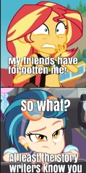 Size: 238x475 | Tagged: safe, edit, edited screencap, screencap, indigo zap, sunset shimmer, suri polomare, equestria girls, equestria girls specials, g4, my little pony equestria girls: better together, my little pony equestria girls: forgotten friendship, my little pony equestria girls: friendship games, bad quality, belly button, bored, caption, cropped, female, image macro, midriff, text