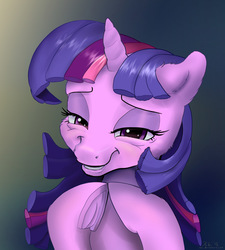 Size: 2220x2468 | Tagged: safe, artist:xbi, twilight sparkle, pony, g4, bust, frog (hoof), gendo pose, grin, high res, just as planned, lidded eyes, looking at you, portrait, smiling, tabun art-battle finished after, underhoof